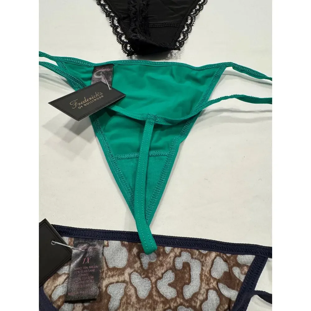 NWT Frederick's of Hollywood Thong String Panties 1X Black‎ Leopard Green LOT 3